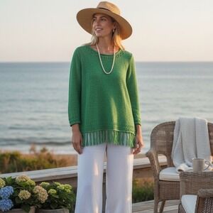 Pappagallo Sweater XL Green Textured Knit Fringe Pullover Boho‎ coastal grandma